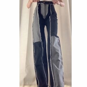 Lionne Patchwork Black and Grey High-waisted Straight-leg Jeans with frayed hem